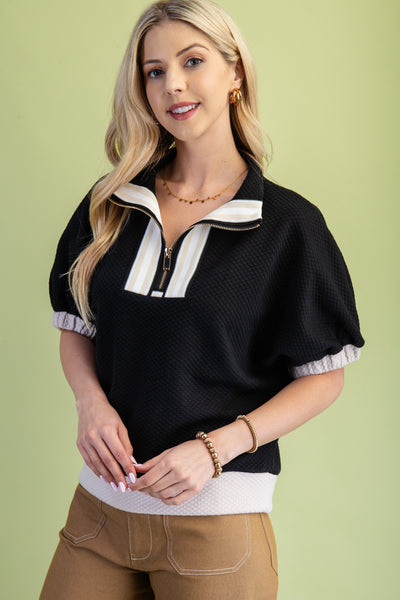 Textured Half Zip Mock Neck Top