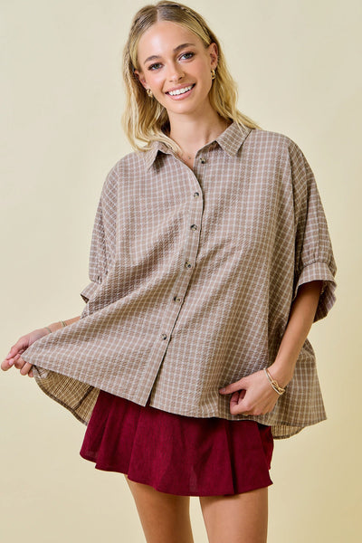 Checkered Seersucker Button Down Oversized Shirt