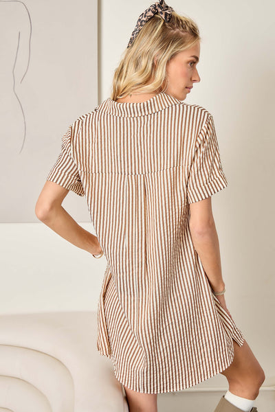 Striped Mini Shirt Dress W/ Pocket
