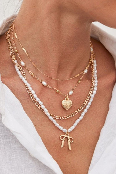 Bow Pearl Heart Pendant Layered Necklace