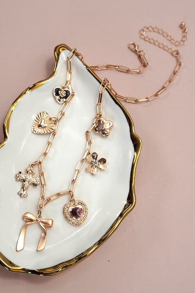 Porcelain Floral Bow Cross Heart Charm Necklace