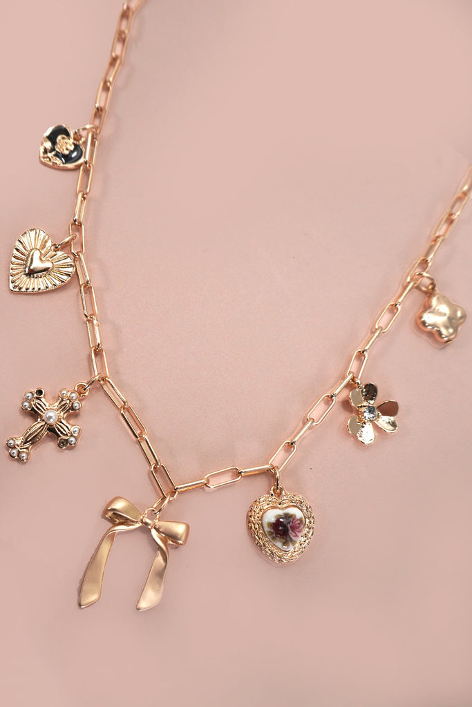 Porcelain Floral Bow Cross Heart Charm Necklace
