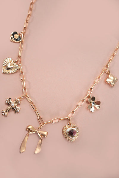 Porcelain Floral Bow Cross Heart Charm Necklace