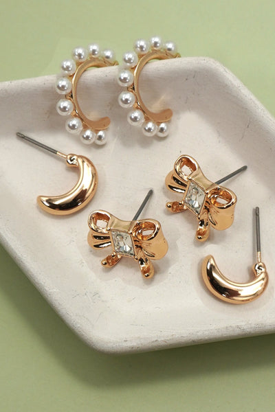 Pearl Embellished Hoops & Bow Earrings Trio Set