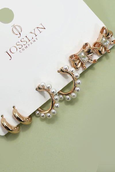 Pearl Embellished Hoops & Bow Earrings Trio Set