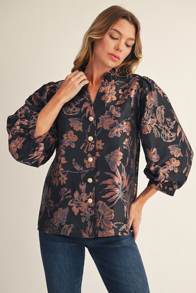 Button Down Floral Jacquard Top