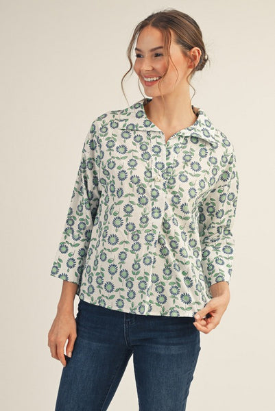 Pearl Button Accent Floral Top