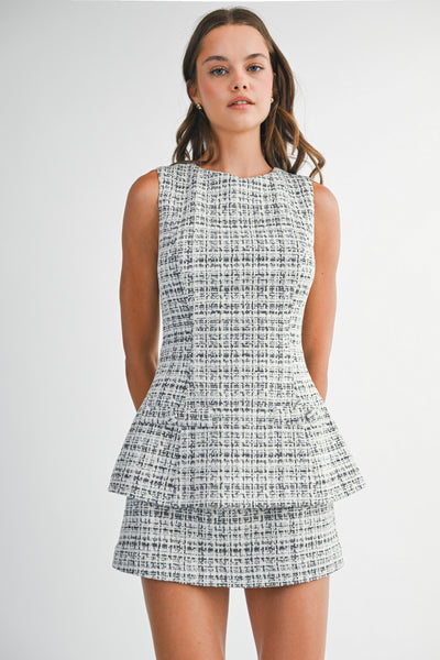 Tweed Peplum Bodice Skirt Layered Dress
