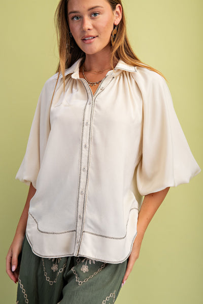 Satin Balloon Sleeve Button Down Top