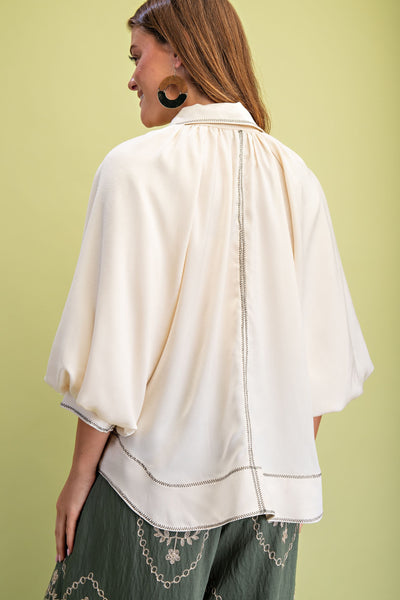 Satin Balloon Sleeve Button Down Top