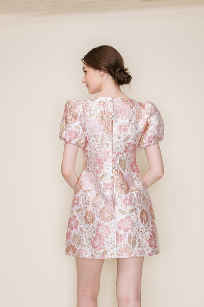 Puffed Sleeve Floral Jacquard Mini Dress