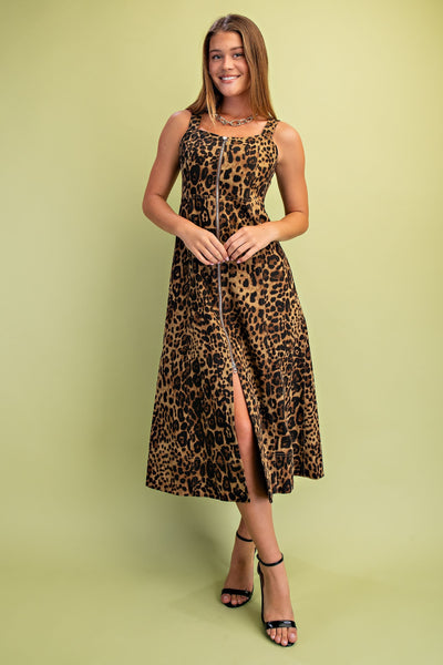 Leopard Sleeveless Zip Front Midi Dress