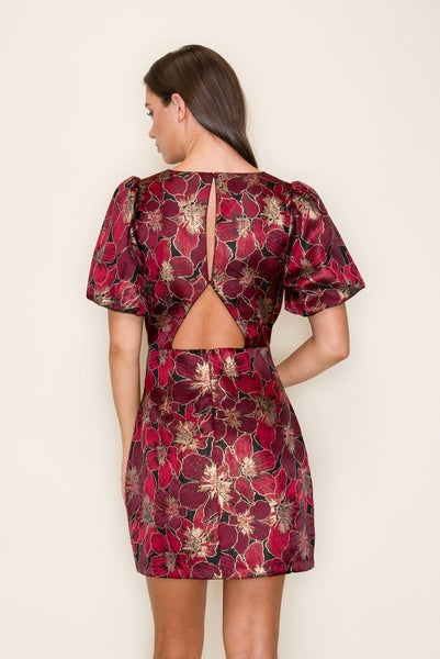 Boat Neck Jacquard Short Puff Sleeve Mini Dress