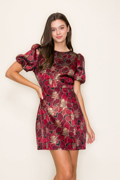 Boat Neck Jacquard Short Puff Sleeve Mini Dress