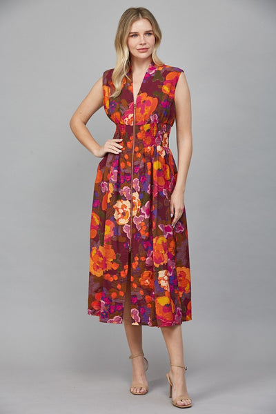Front Zip Closure Print Midi Dress