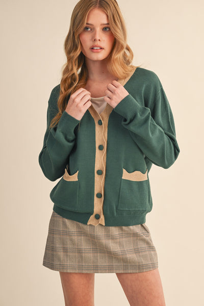 V-Neck Scalloped Sweater Cardigan