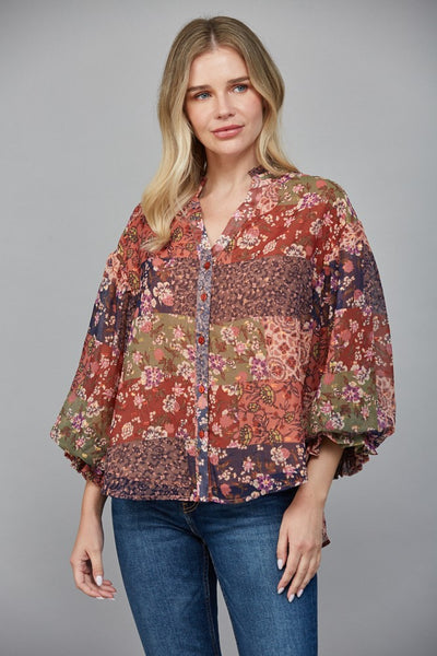Front Button Down Ruffled V-Neck Top