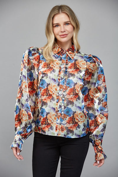 Floral Ruffle Placket Button Down Top