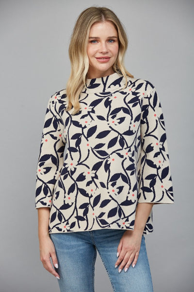 Floral Jacquard Knit Mock Neck Sweater