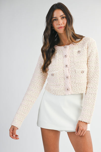 Boucle Knit Jewel Button Crop Cardigan