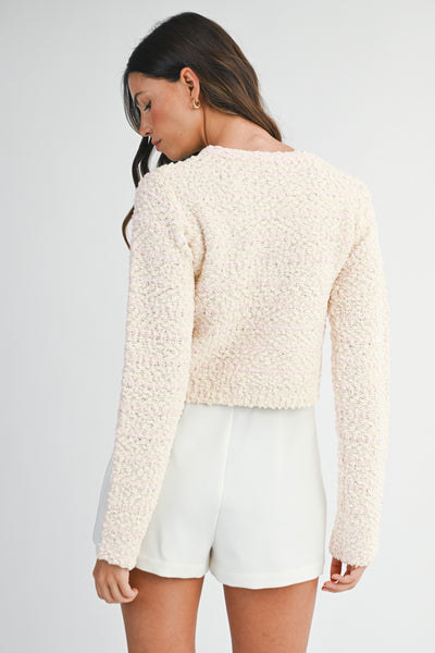 Boucle Knit Jewel Button Crop Cardigan
