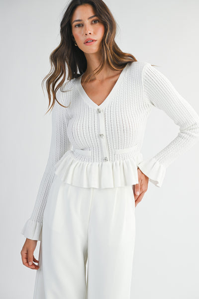 Cable Knit Button Down Peplum Cardigan