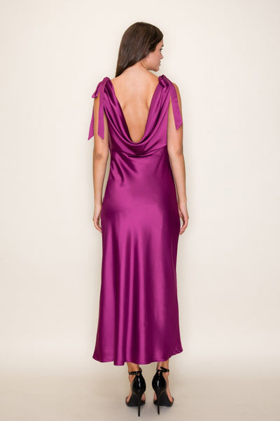 Solid Satin Cowl Back Sleeveless Bow Midi Dress