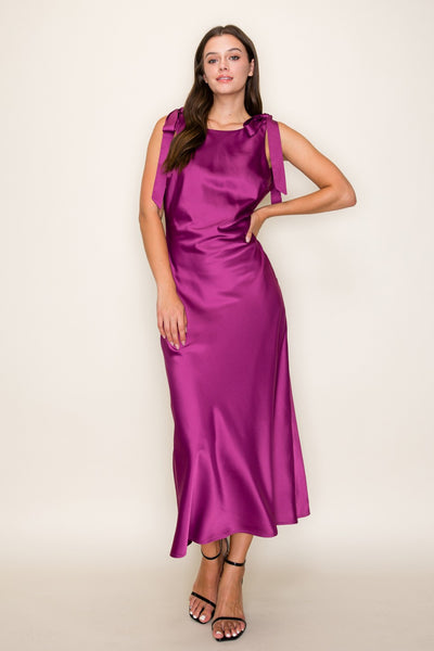 Solid Satin Cowl Back Sleeveless Bow Midi Dress