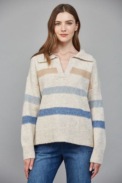 Ribbed Wide Collar V-Slit Striped Sweater