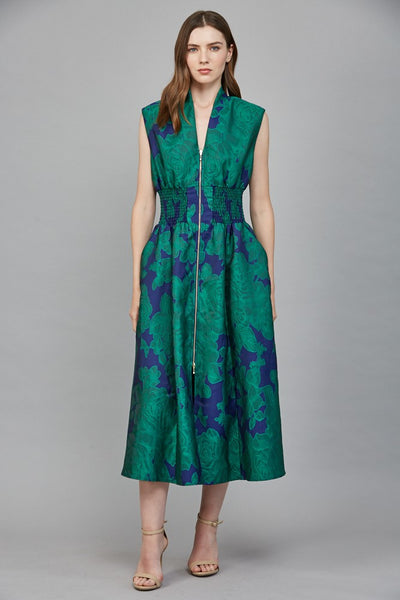 Floral Jacquard V-Neck Midi Dress