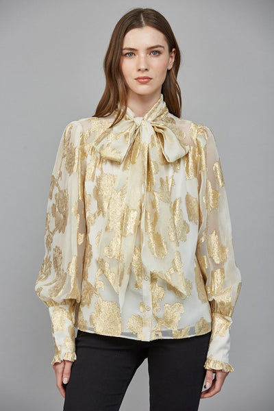 Metallic Jacquard Chiffon Blouse W/ Bow