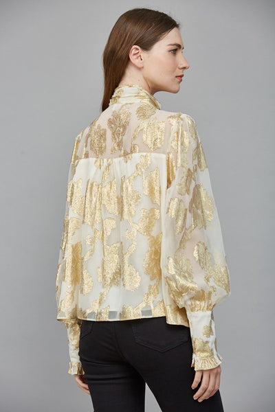 Metallic Jacquard Chiffon Blouse W/ Bow