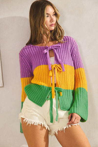 Mardi Gras Ribbed String Tied Cardigan