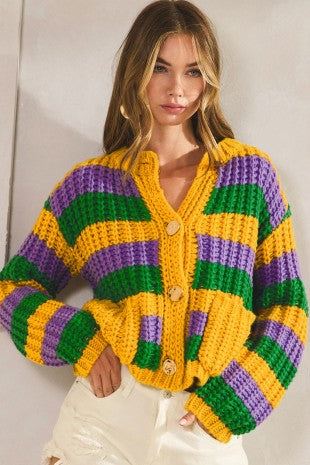 Mardi Gras Stripe Ribbed Knit Cardigan