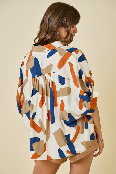 Oversized Geometric Print Button Down Top