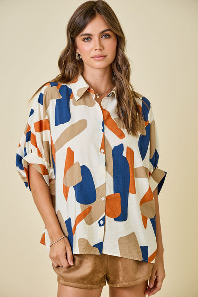Oversized Geometric Print Button Down Top