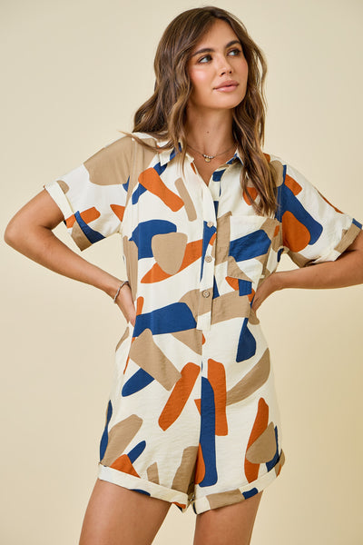 Geometric Print Boxy Button Down Romper