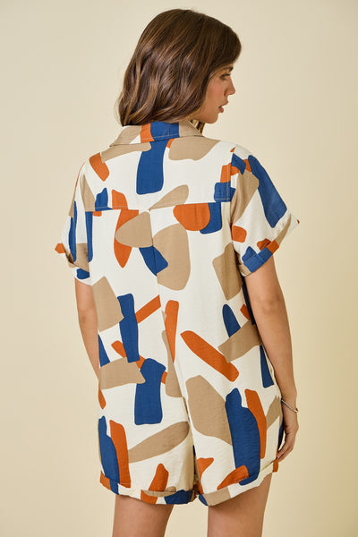 Geometric Print Boxy Button Down Romper