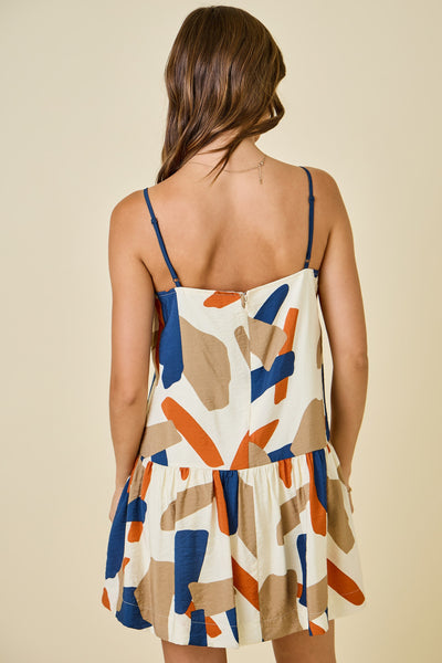 Geometric Print Dress W/ Contrast Knotted Edge