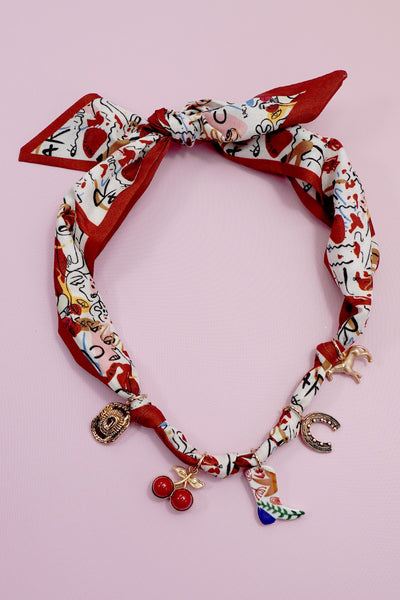 Scarf Necklace With Boot Cherry Horseshoe & Hat Charms