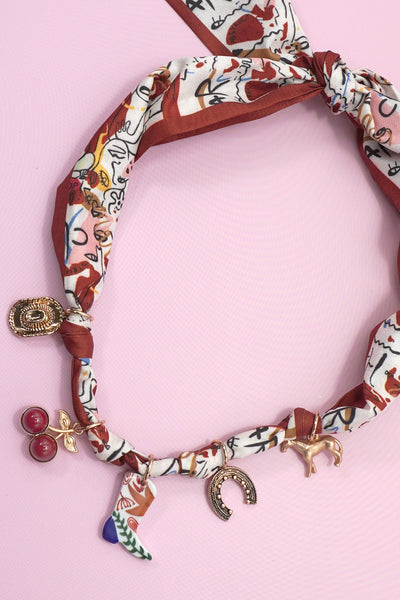 Scarf Necklace With Boot Cherry Horseshoe & Hat Charms