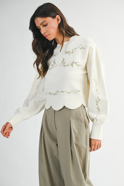 Floral Embroidered Scallop Detail Knit Top