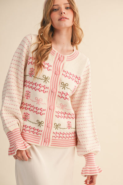 Floral Ruffle Sleeve Sweater Cardigan