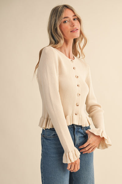 Ruffle Hem Ribbed Sweater Cardigan