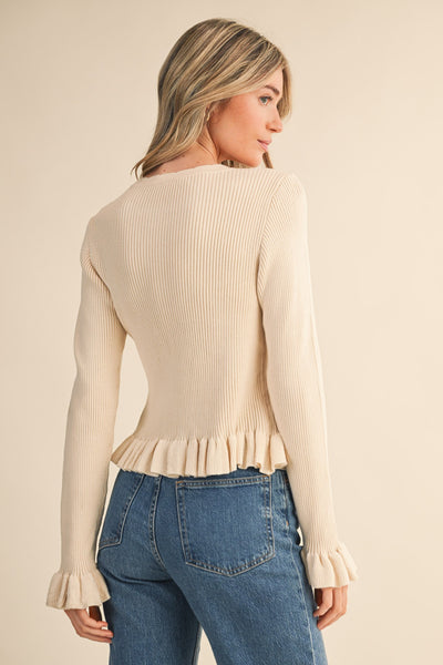 Ruffle Hem Ribbed Sweater Cardigan