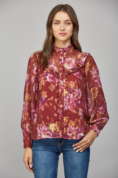 High Ruffled Neckline Long Sleeve Top