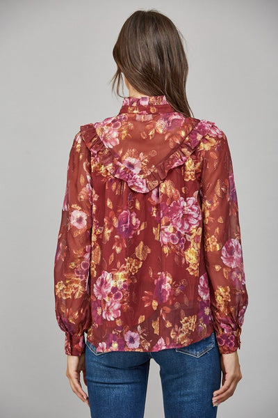 High Ruffled Neckline Long Sleeve Top