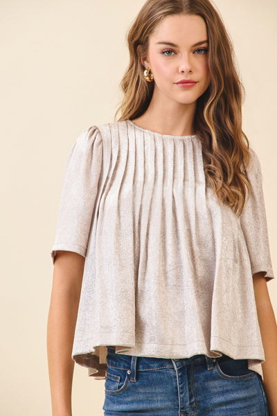 Pleated Detail Round Neck Metallic Top