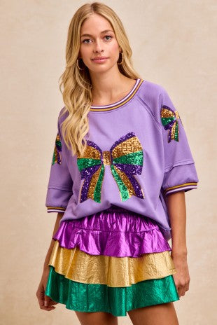Mardi Gras Ribbon Sequin Patched Top