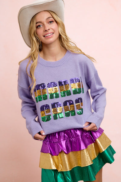 Mardi Gras Sequin Lettering Knit Top